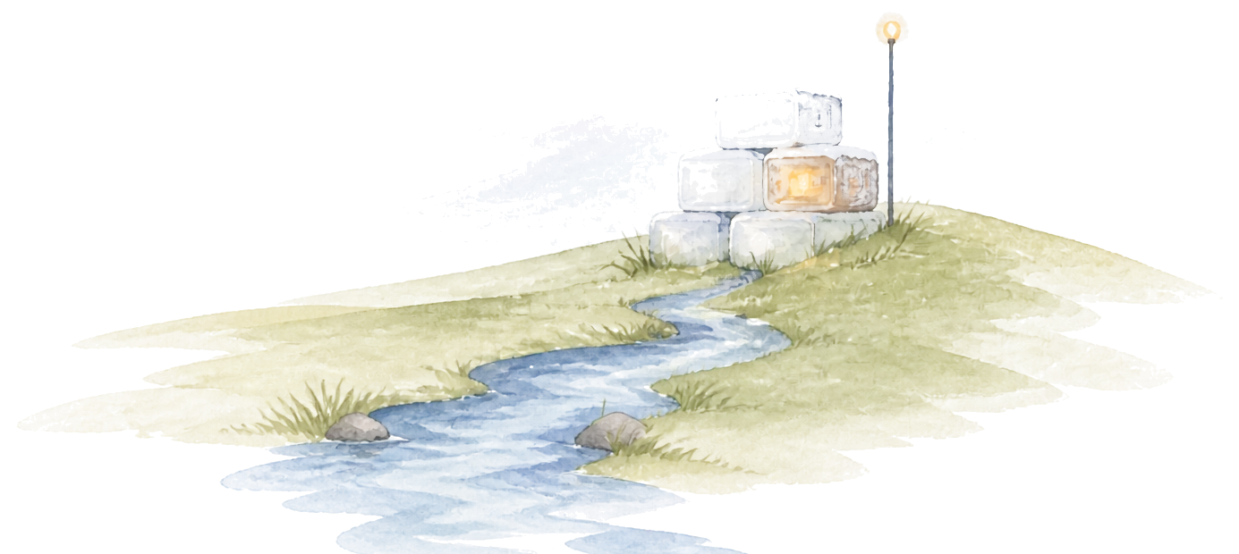 Watercolor hill with a stack of packages, one lit warm, beside a lamp. A river runs down from the hill and off the bottom of the page.